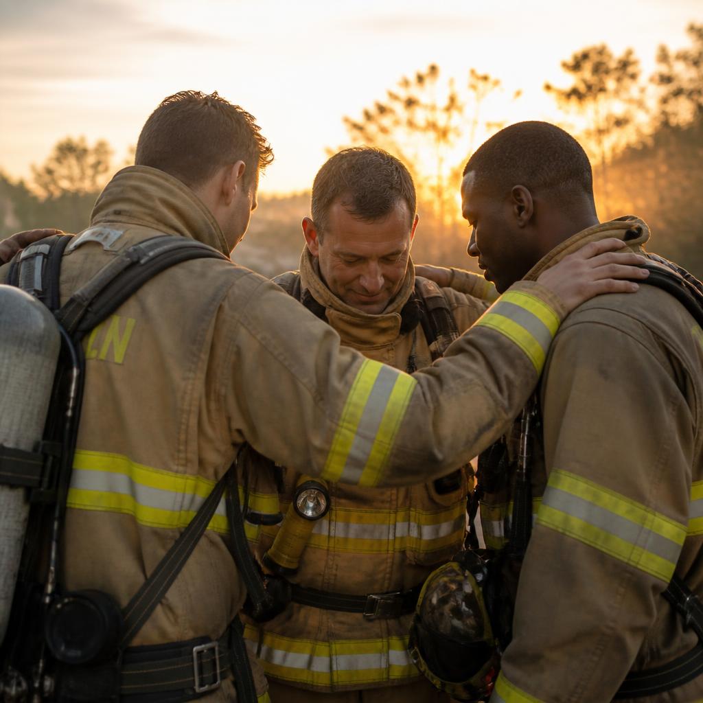 Firefighters in supportive circle at dawn