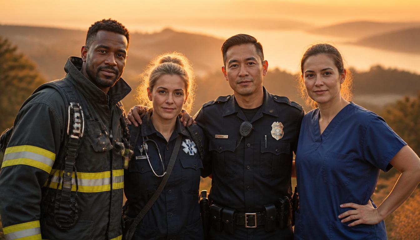 Diverse first responders standing together at sunrise