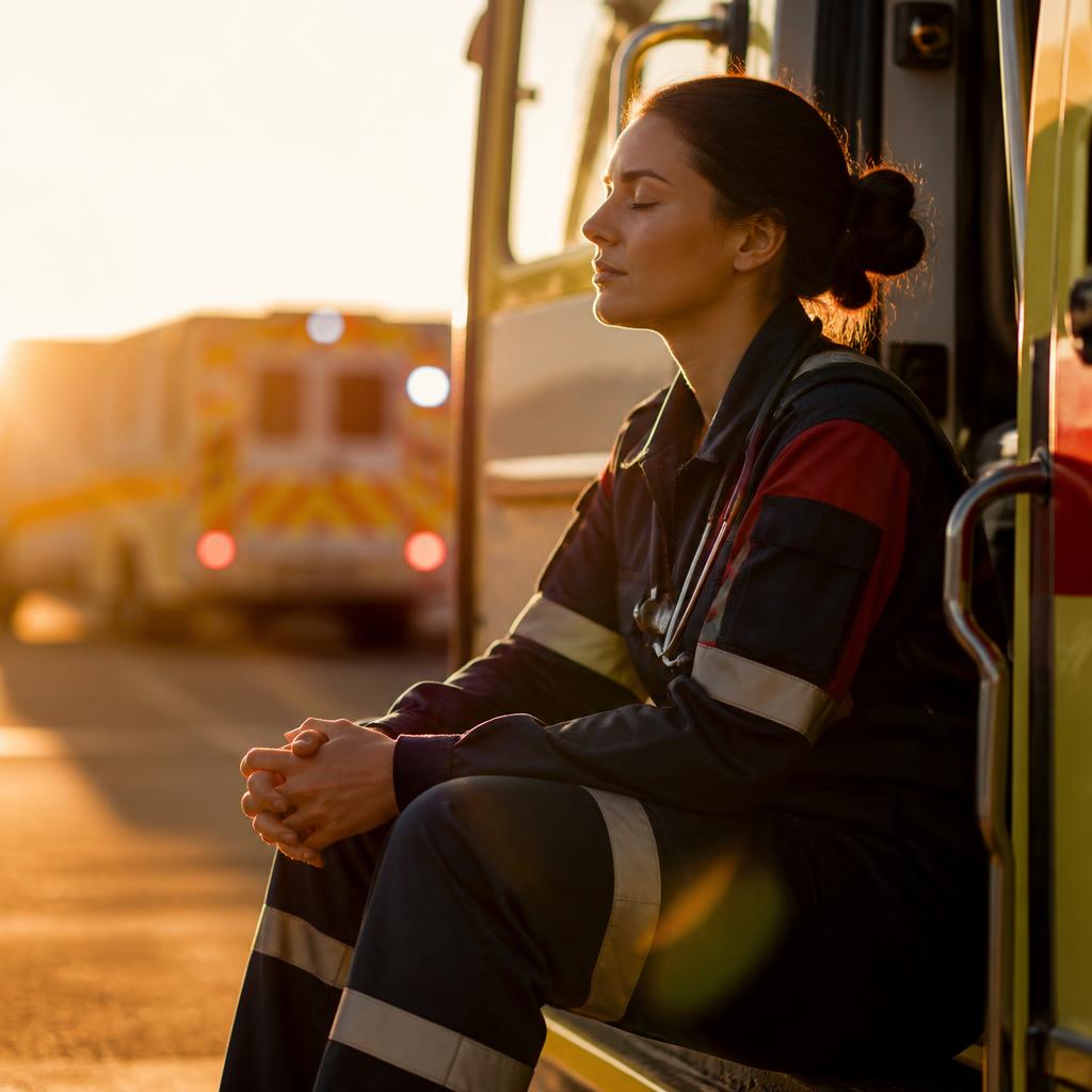 Paramedic taking a calm moment of breath at sunrise